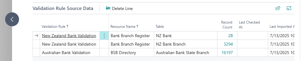 Image showing the validation rule source data subpage on the Bank Validator Setup page.