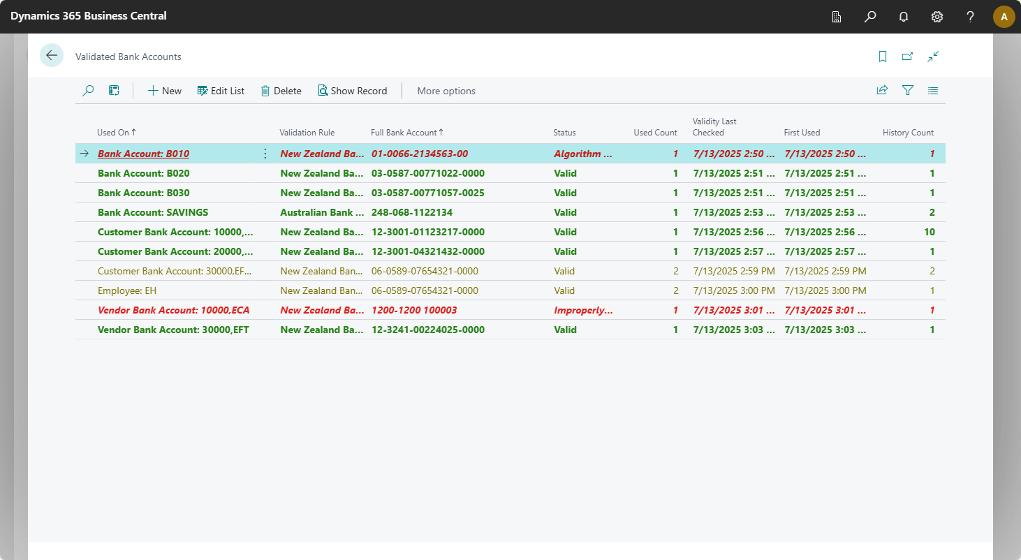 Image showing the Validated Bank Accounts list page.
