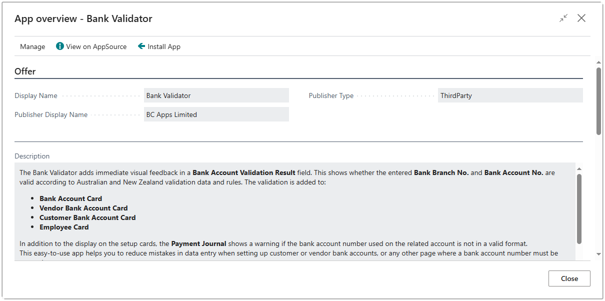 Image showing the App overview page for the selected app.