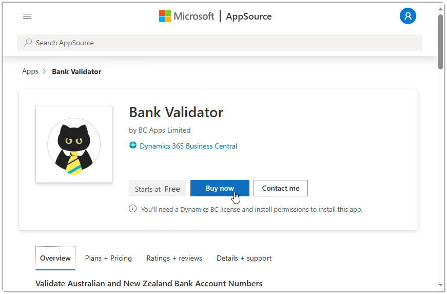 Image showing the AppSource page for Bank Validator with the Buy Now button.