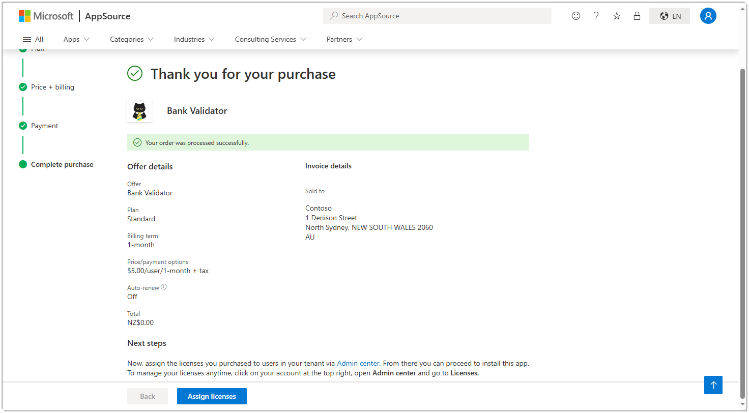 Image showing the final step of the license purchase from AppSource