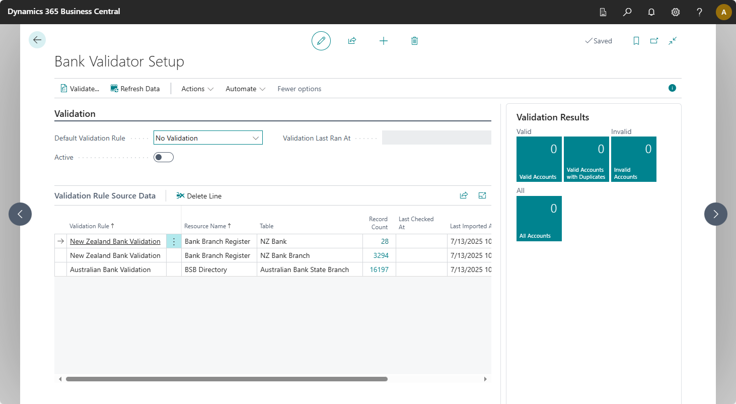 Image showing the Bank Validator Setup page.