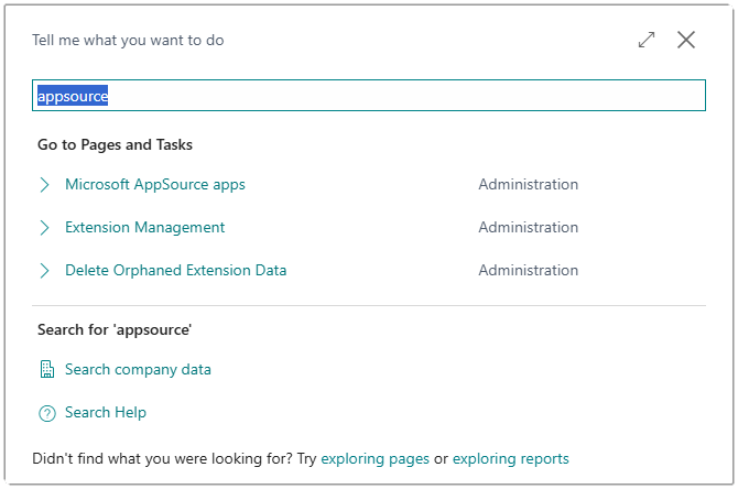 Image showing the search box with the text appsource entered.