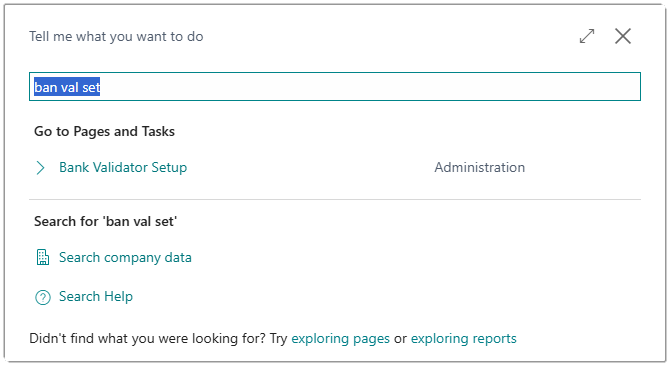 Image showing the search for the Bank Validator Setup page.