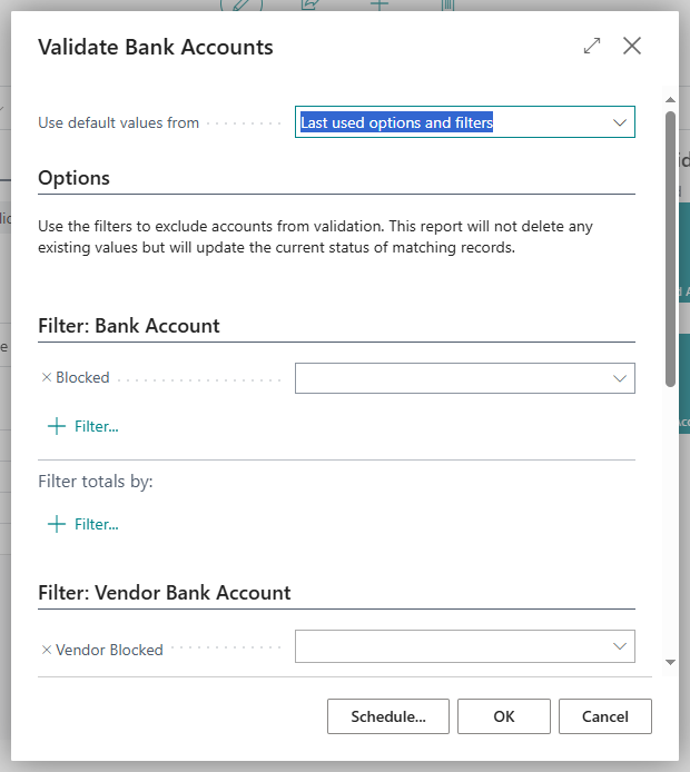 Image showing the options for the Validate Bank Accounts process.
