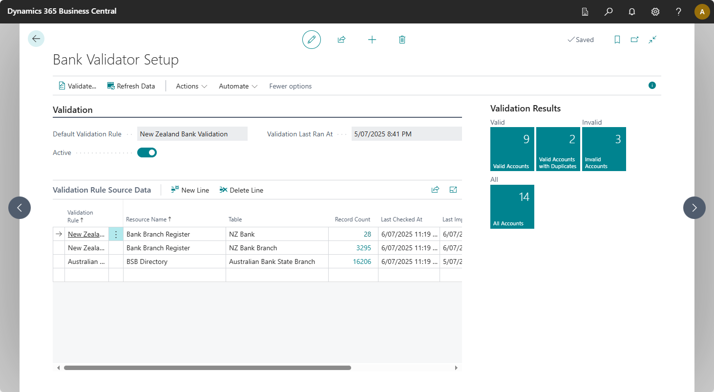 Image showing the Bank Validator Setup page.
