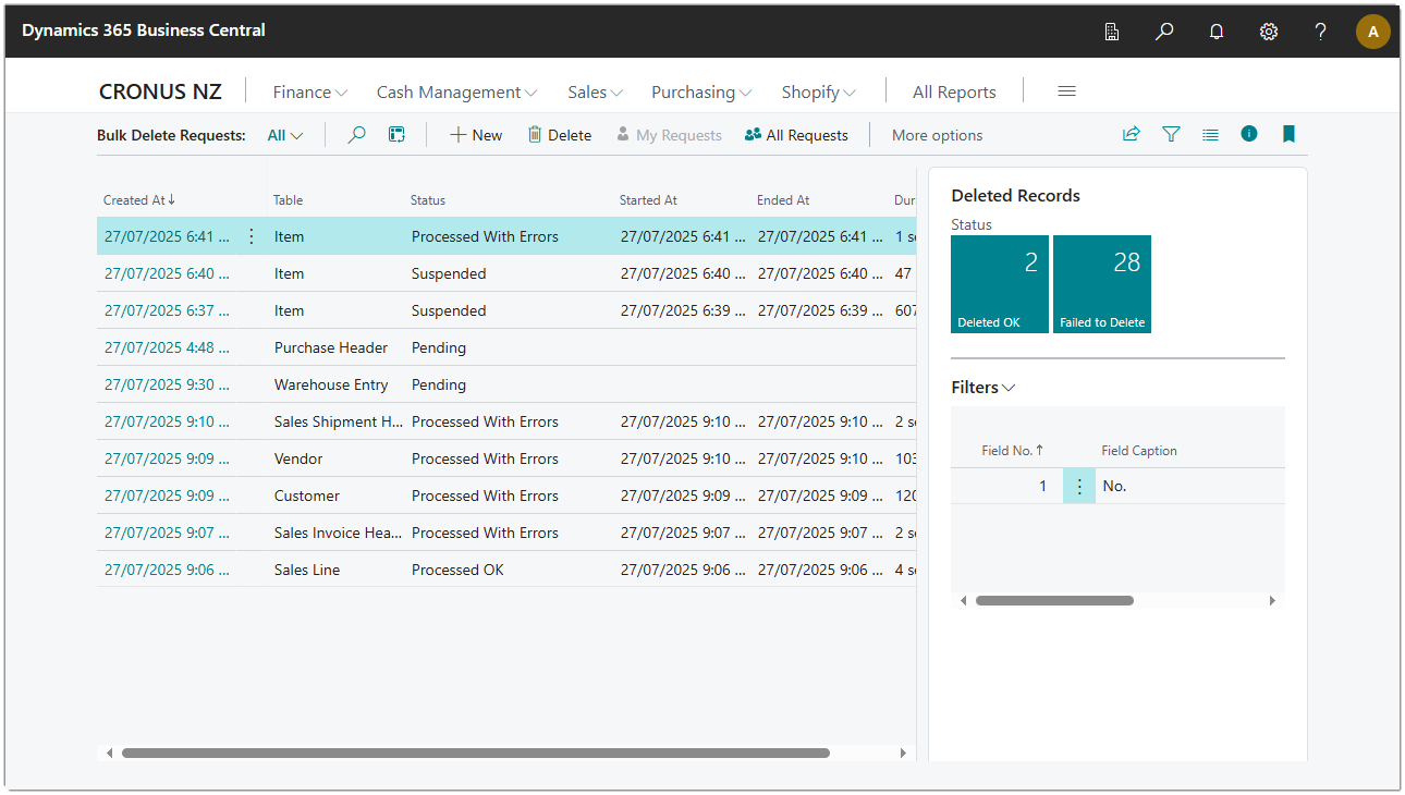 Image showing the Bulk Delete Requests List