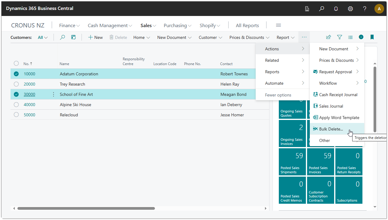 Image showing the Bulk Delete action on the Customer List page