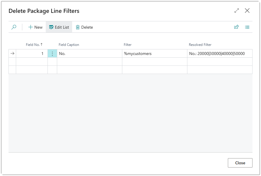 Image showing the Delete Package Line Filters page.