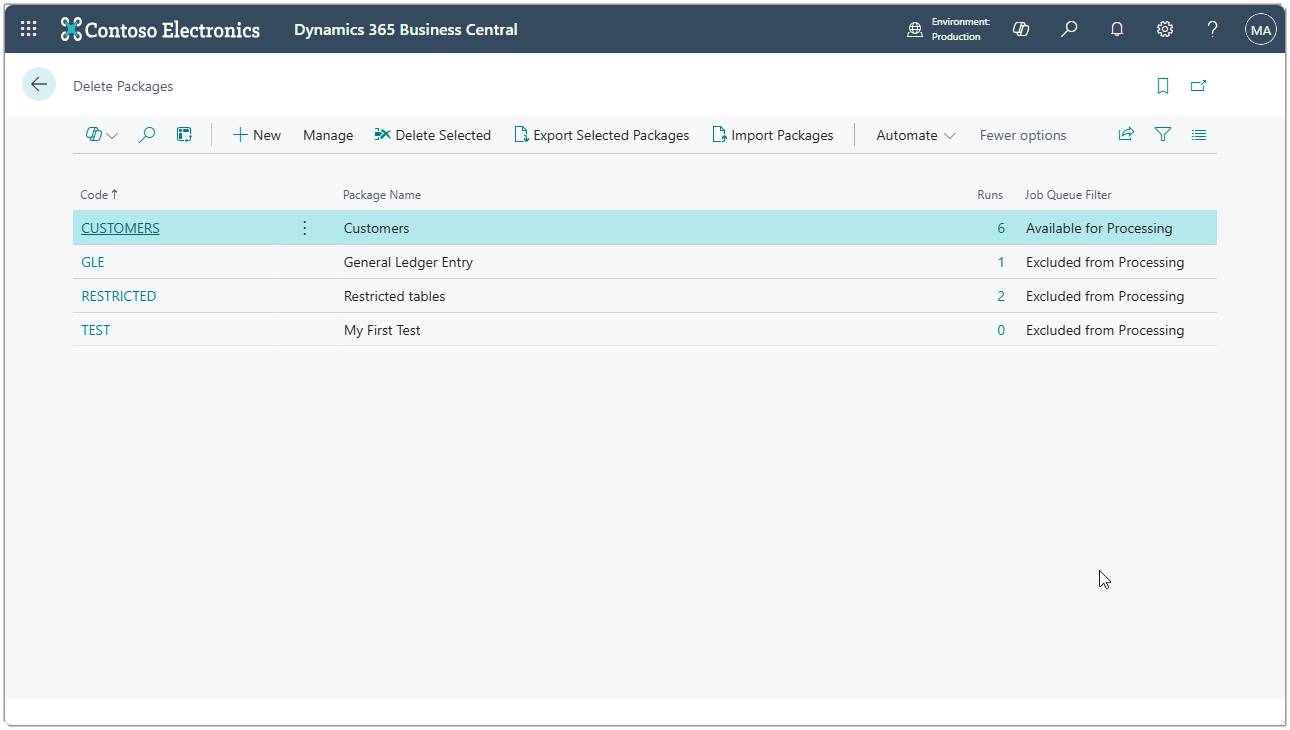 Image showing the Delete Packages page.