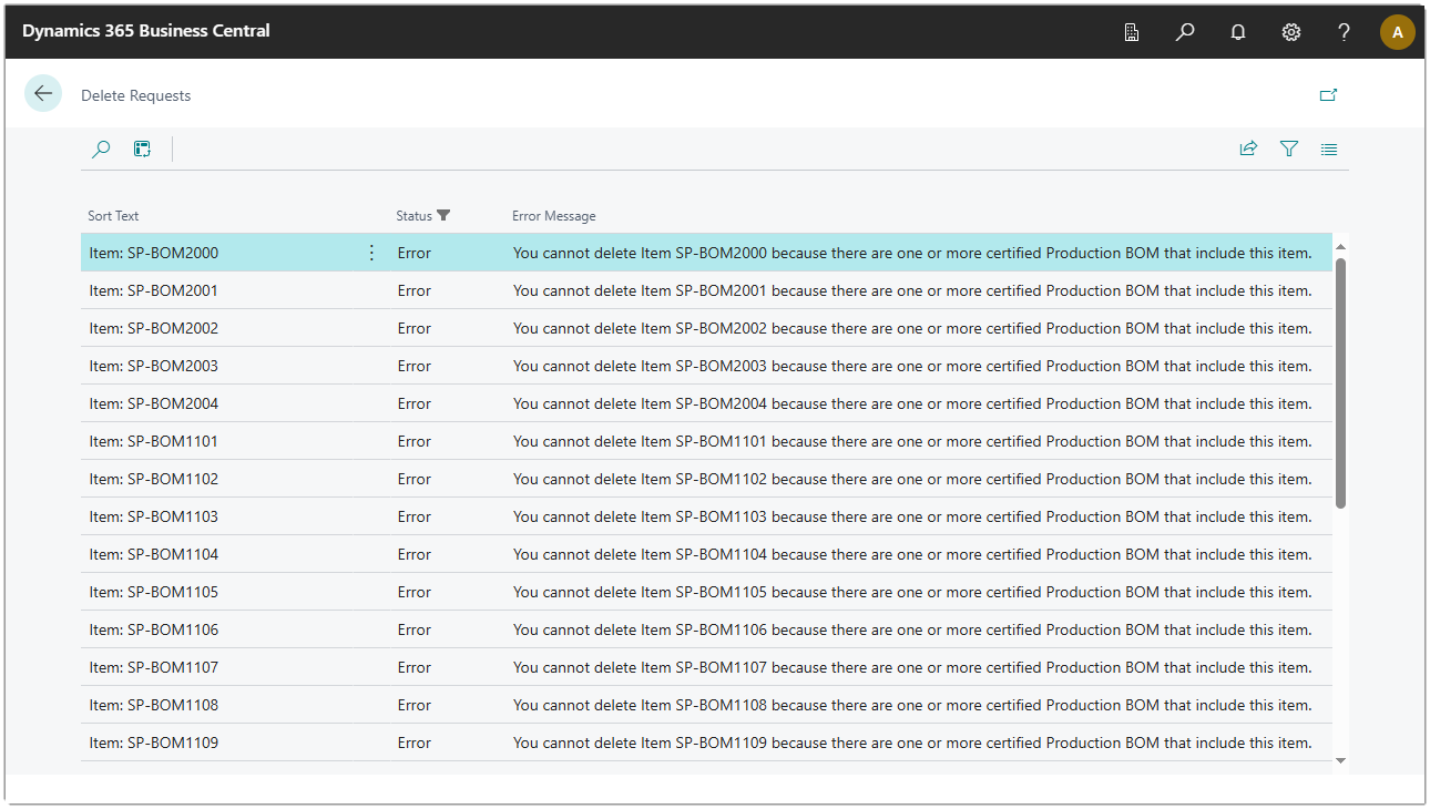Image showing the results of an attempt to delete Items in the Delete Requests page.