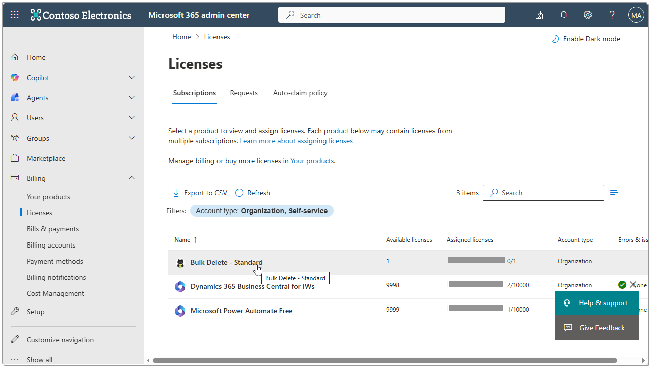 Image showing the MS365 admin center Licenses screen.
