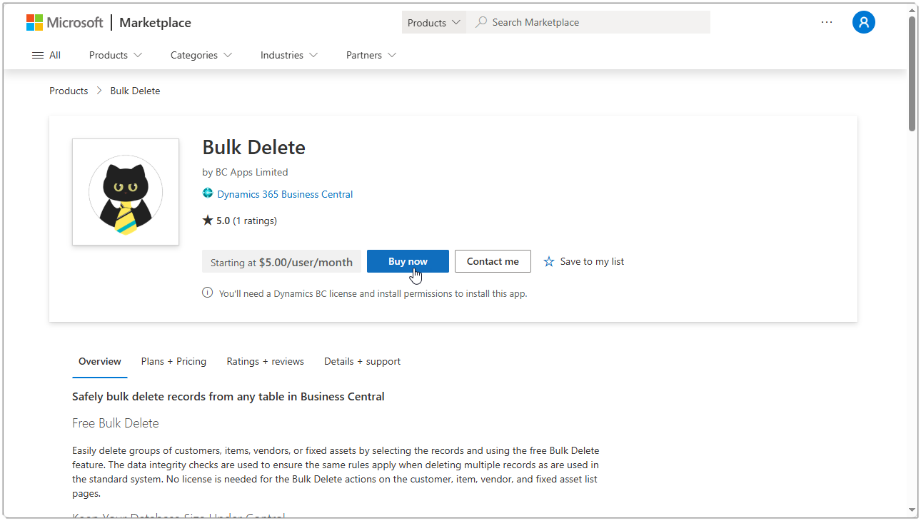 Image showing the AppSource page for Bulk Delete with the Buy Now button highlighted.