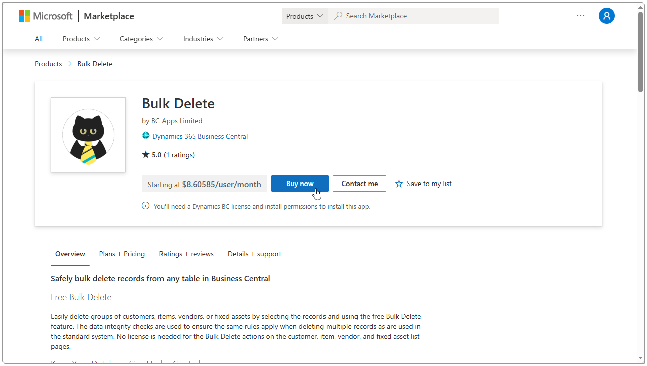 Image showing the AppSource page for Bulk Delete with the Buy Now button highlighted. Price is shown in NZD