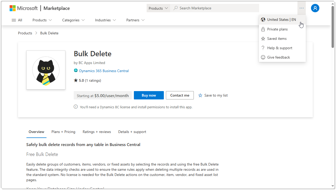Image showing the AppSource page for Bulk Delete with the Region option highlighted.