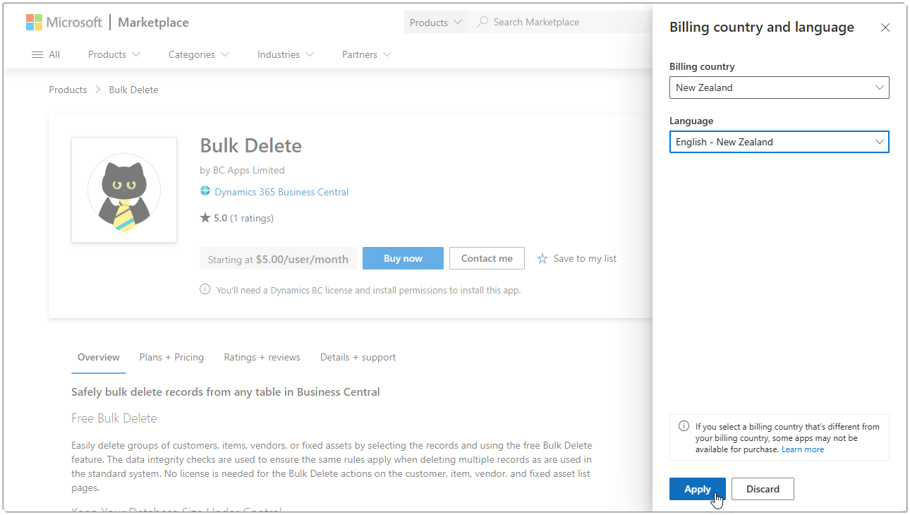 Image showing the AppSource page for Bulk Delete with the Region set to New Zealand.
