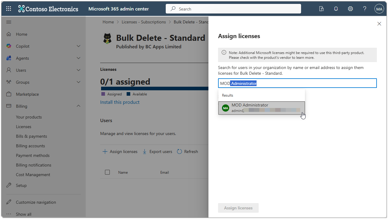 Image showing the MS365 admin center assign license to Mod Admin.