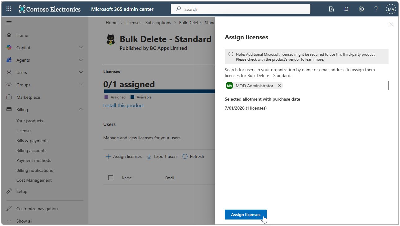 Image showing the MS365 admin center assign license to Mod Admin.