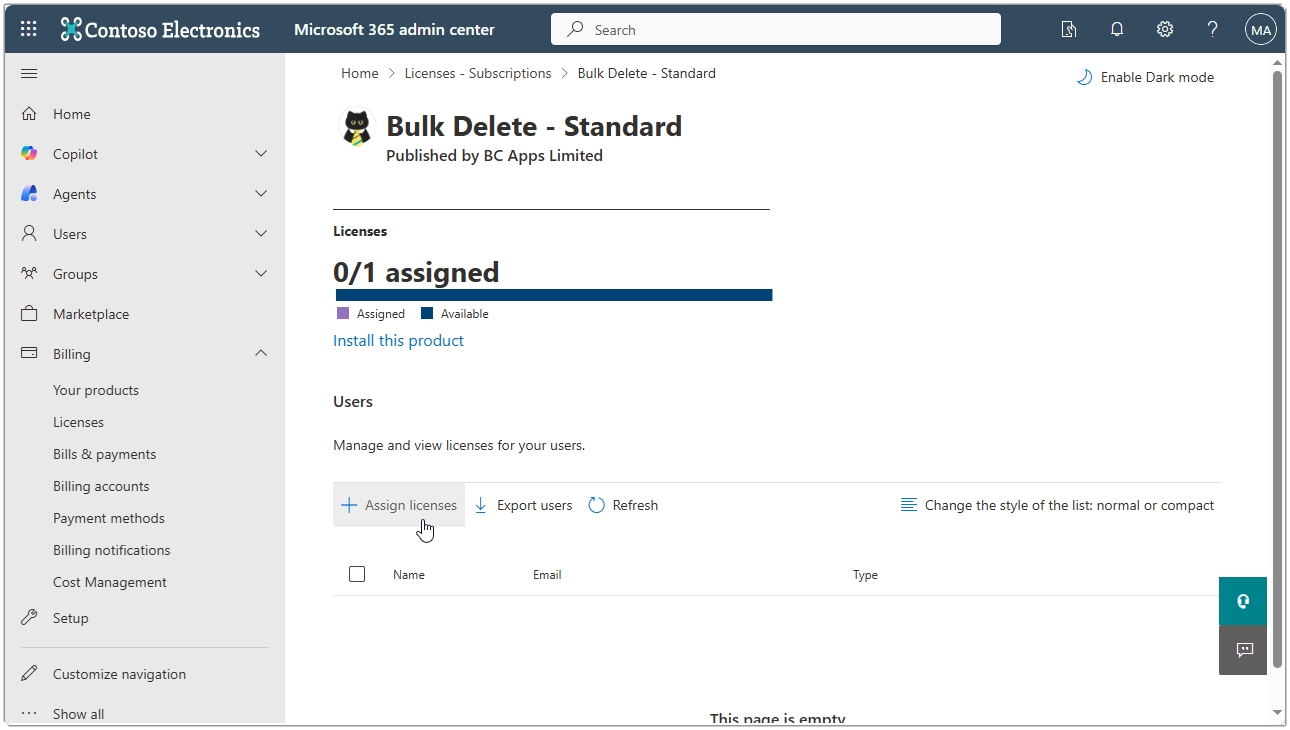 Image showing the MS365 admin center Bulk Delete - Standard license with 0/1 assigned.