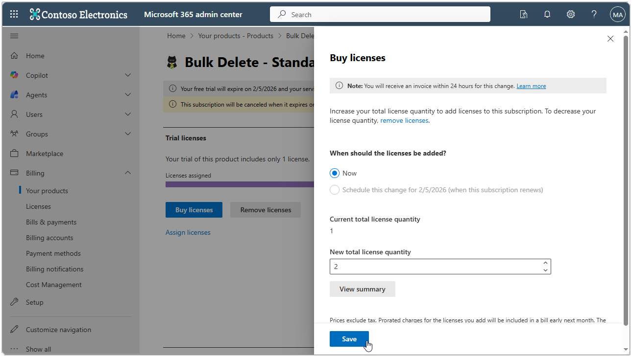 Image showing the MS365 admin center with buying additional licenses page.