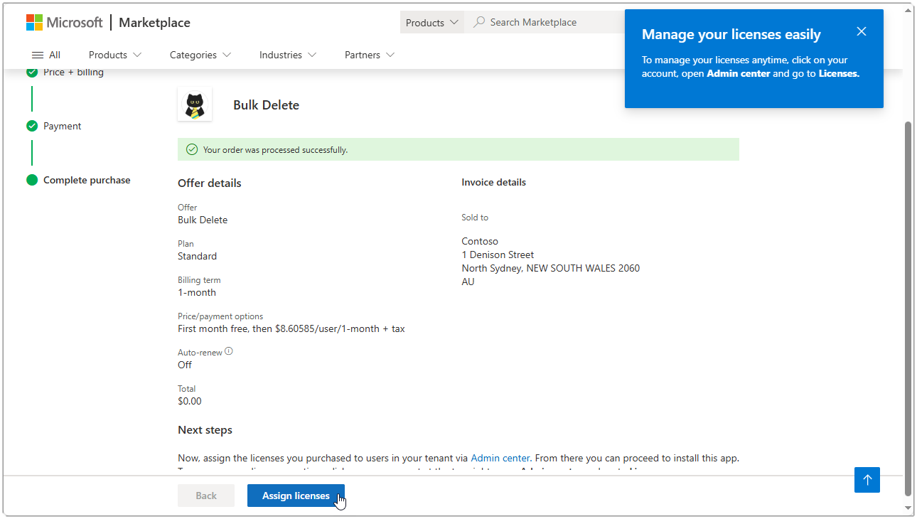 Image showing the AppSource page for Checkout complete purchase with the Assign licenses button highlighted.