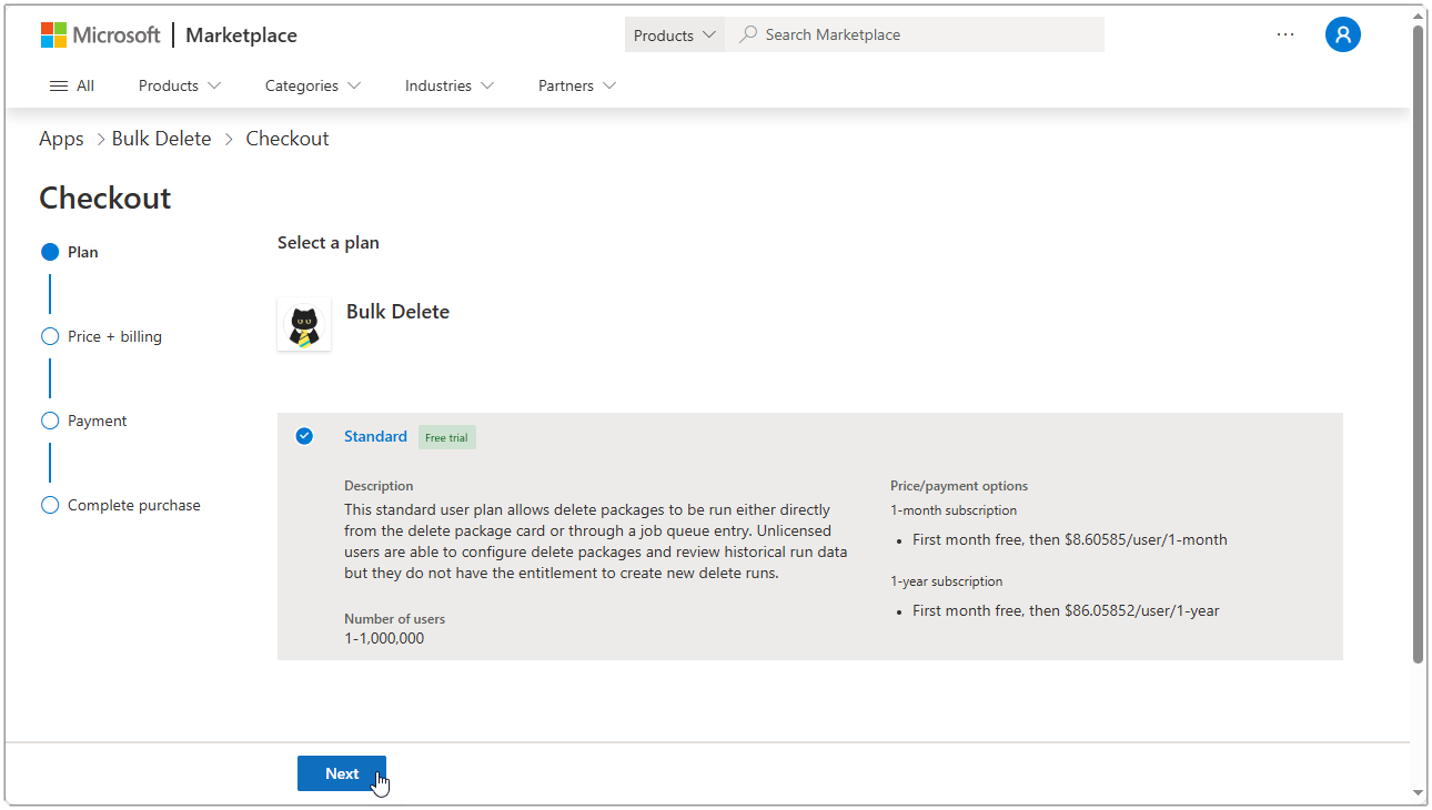 Image showing the AppSource page for Checkout select plan.