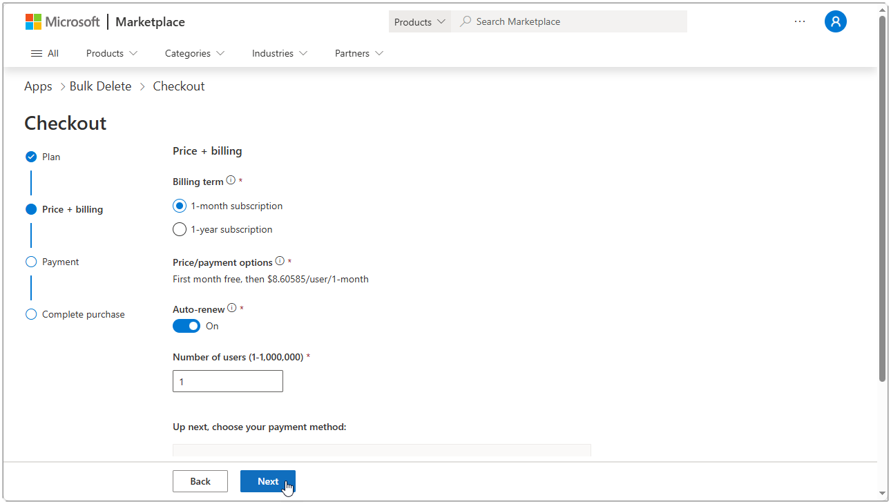 Image showing the AppSource page for Checkout price and billing.