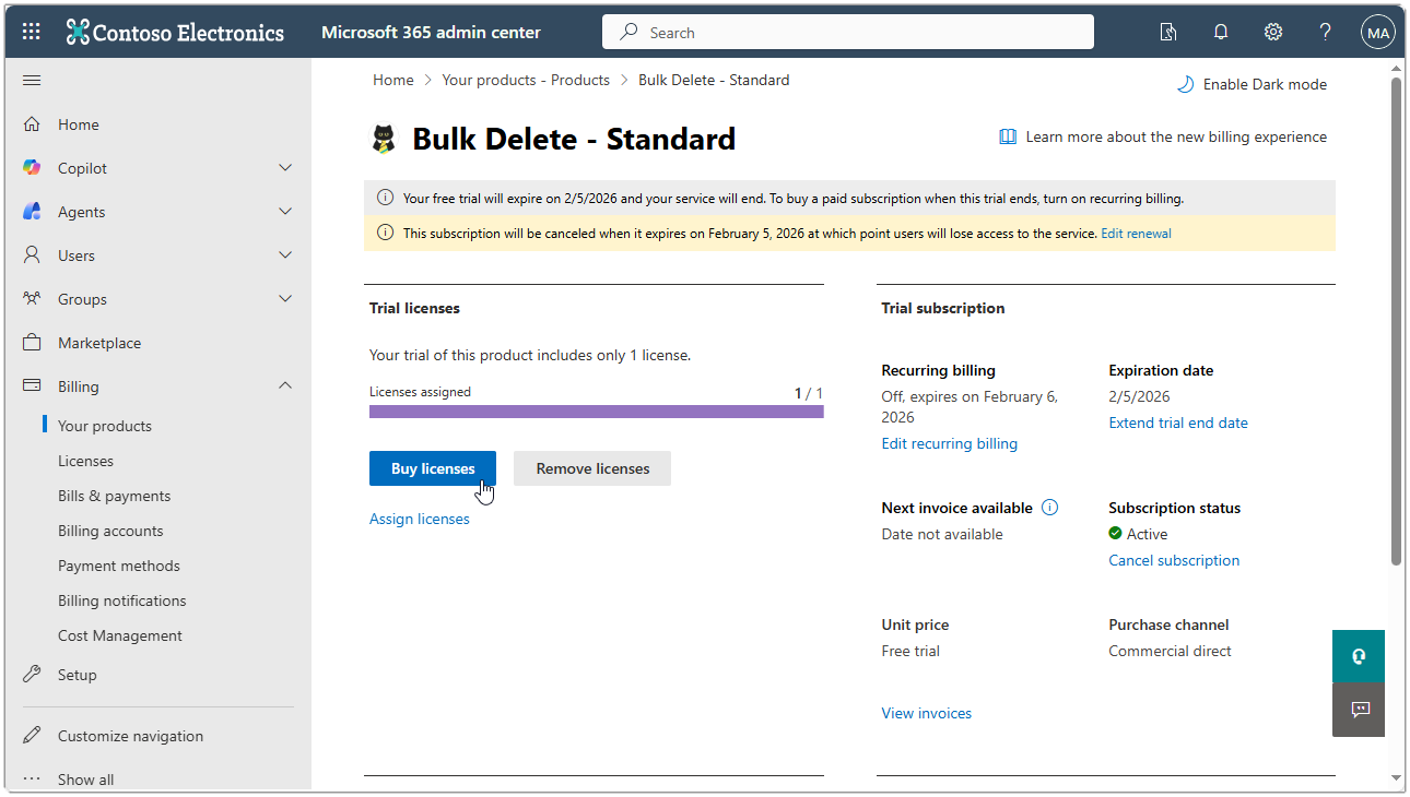 Image showing the MS365 admin center with Your products and Buy licenses highlighted.
