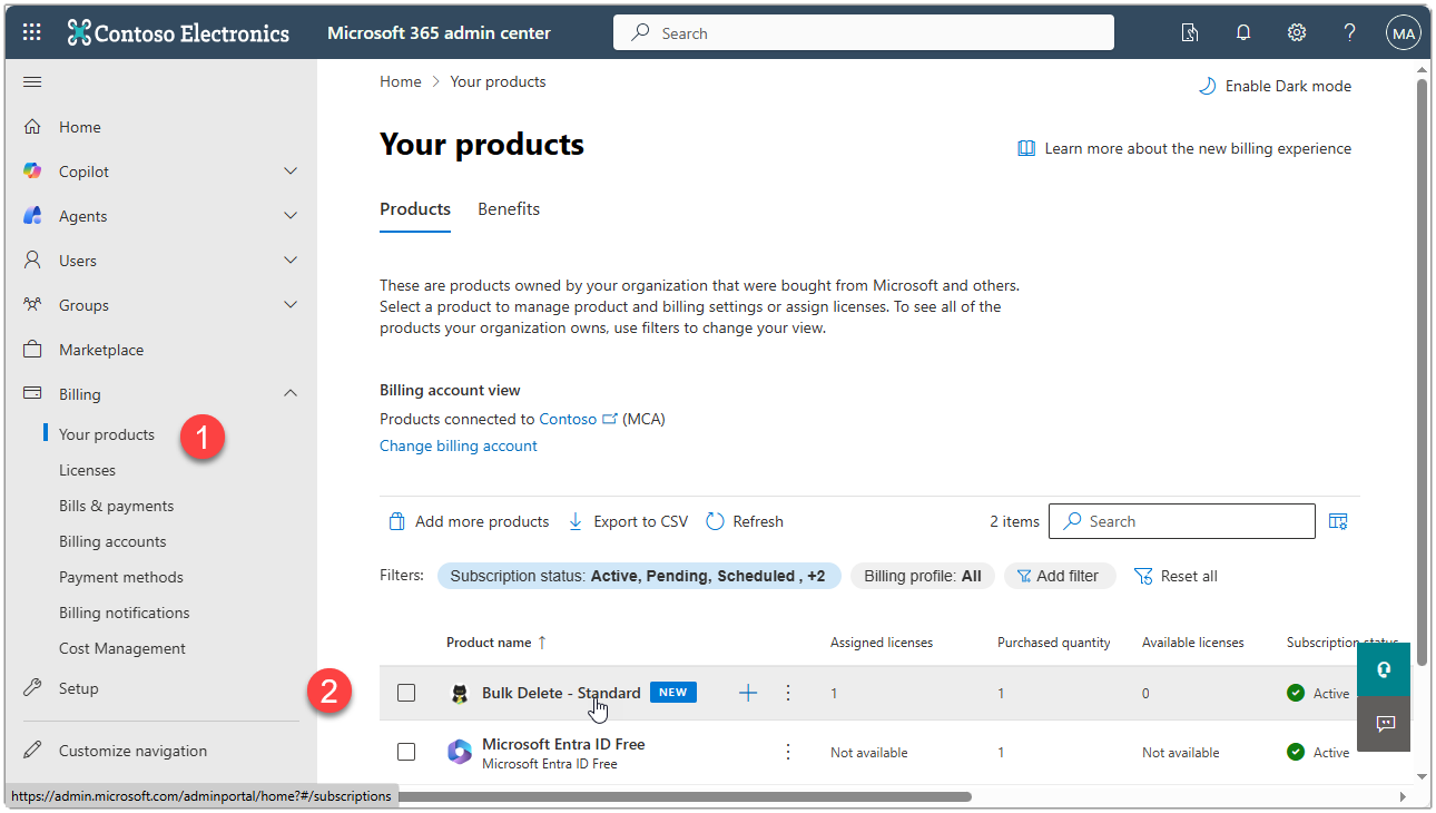 Image showing the MS365 admin center with Your products and Bulk Delete.