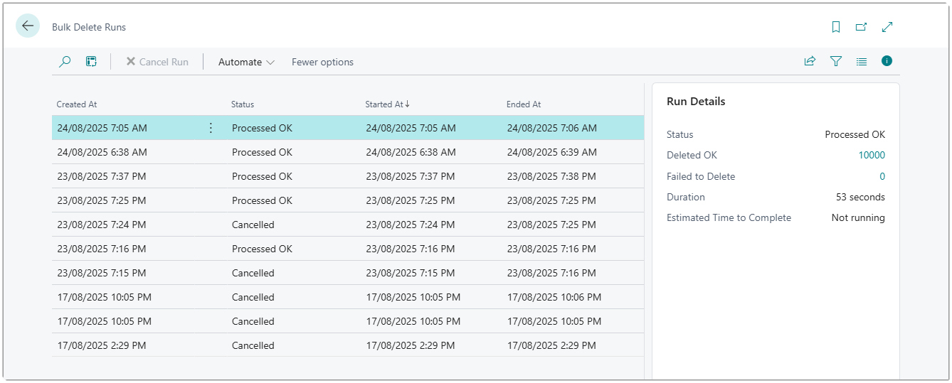 Image showing the Bulk Delete Runs page.