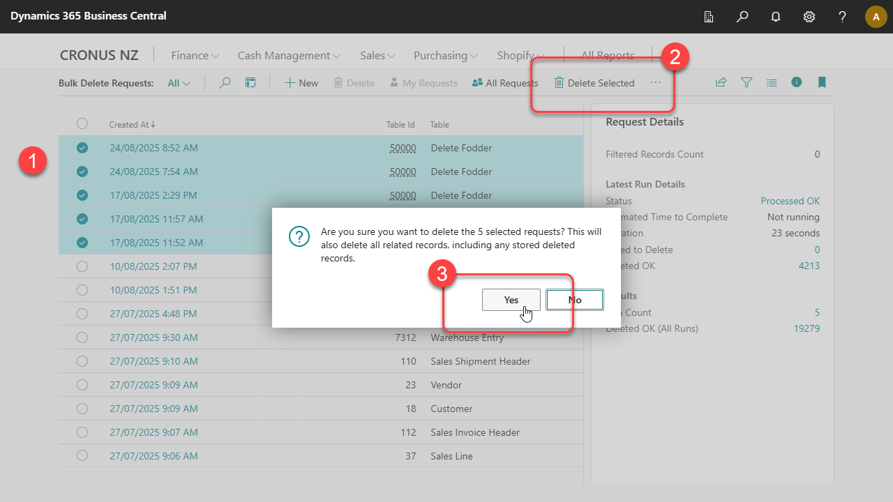 Image showing the Delete Selected action on the Bulk Delete Requests list page.