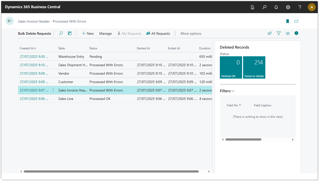 Image showing the Bulk Delete Requests list page.