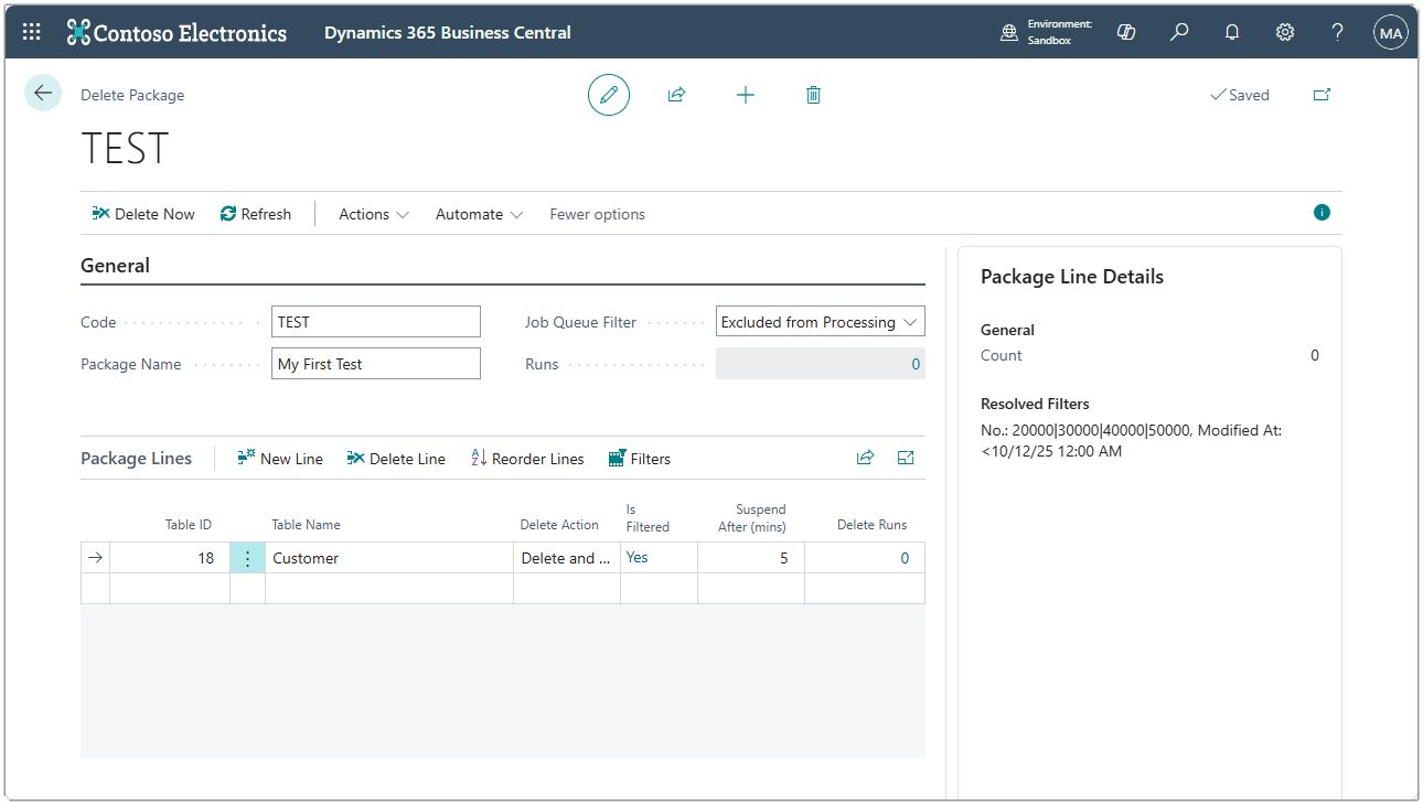 Image showing the customer delete package line with filters applied.