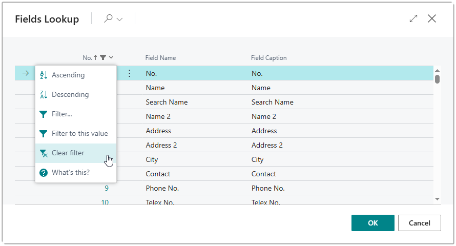 Image showing the fields lookup with the option to remove the filter highlighted.