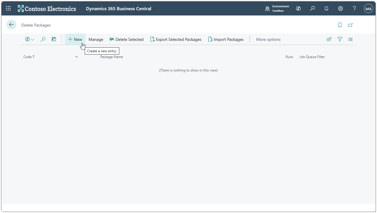 Image showing an empty delete packages list with the new option highlighted.