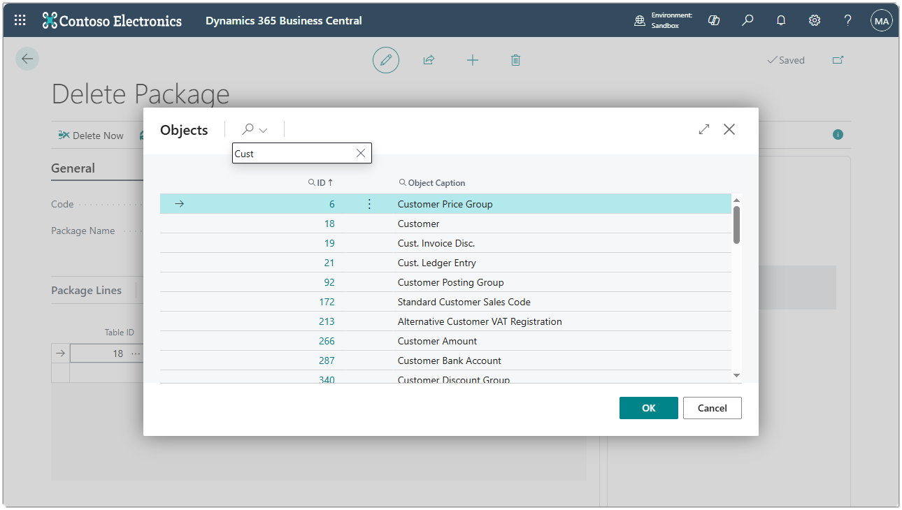 Image showing the object select page with a filter of Cust applied.