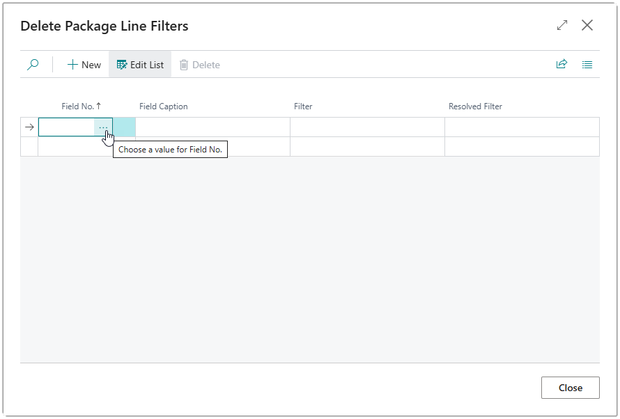 Image showing the Delete Package Line Filters page with the lookup option highlighted for the Field No.