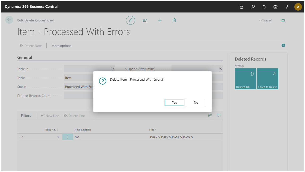 Image showing the confirmation dialog for deleting a Bulk Delete Request record.