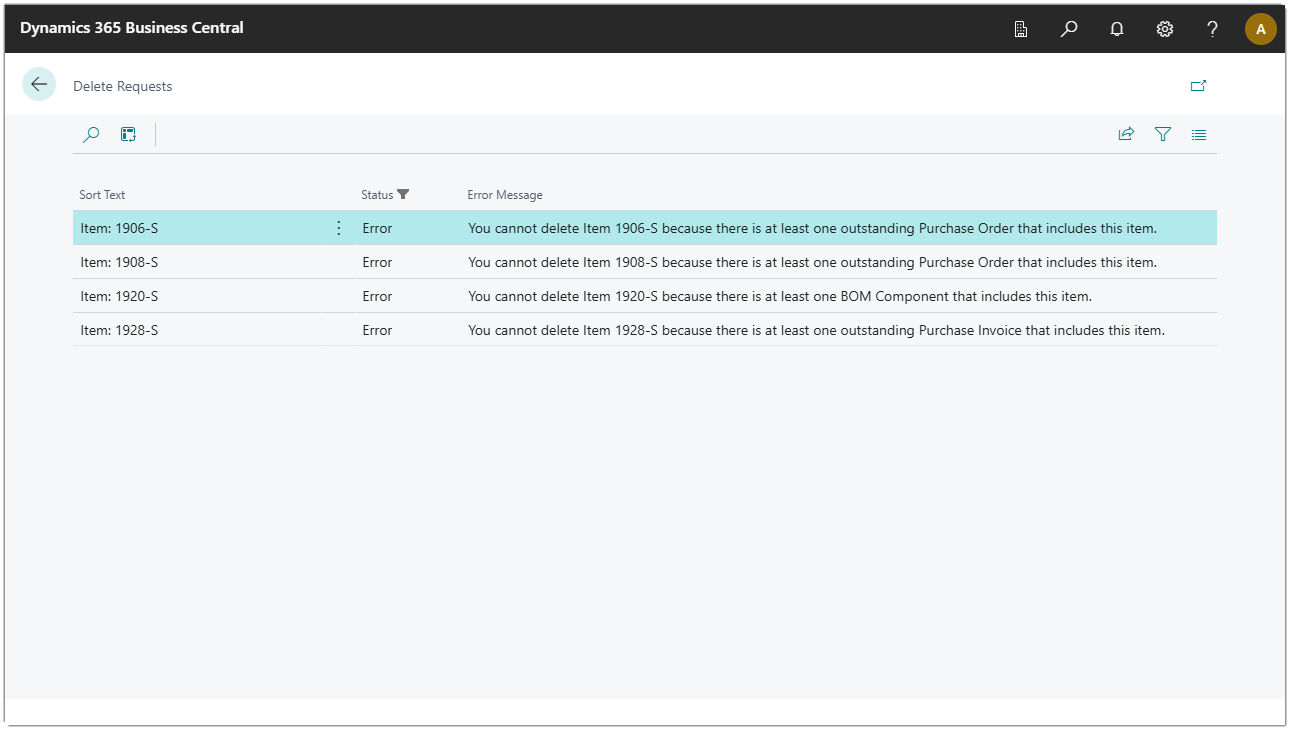 Image showing the four records that failed to delete.