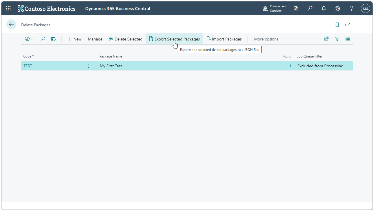 Image showing the Delete Packages page with the Export Selected Packages action highlighted.