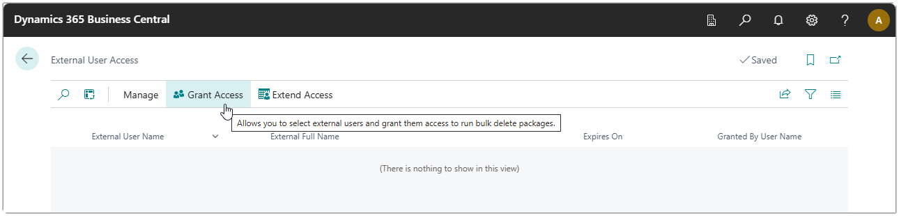 Image showing the empty External User Access page with the Grant Access action highlighted.