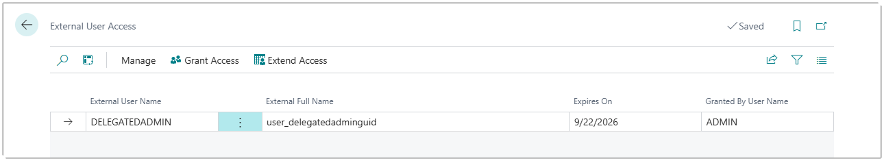 Image showing the External User Access page with a granted user and an expiry date.
