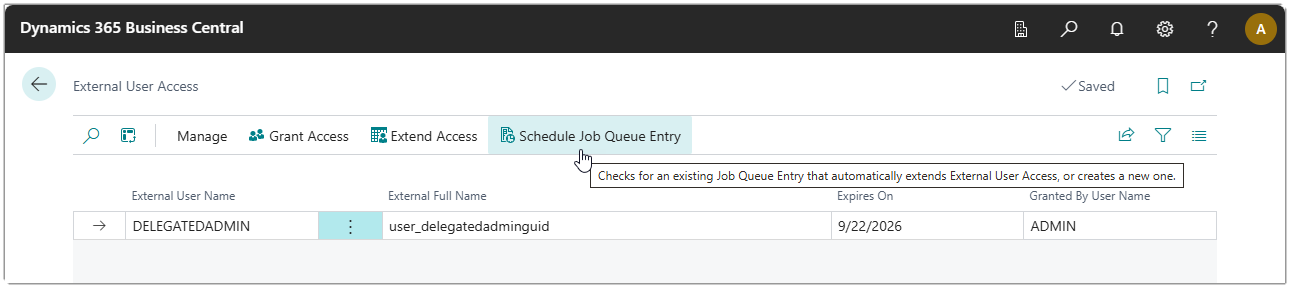 Image showing the Schedule Job Queue Entry action on the External User Access page.