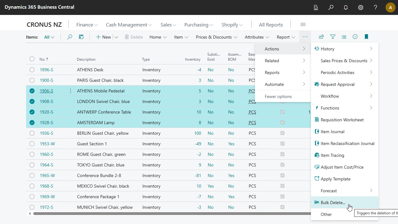 Image showing the Item List page with the Bulk Delete Action being selected.