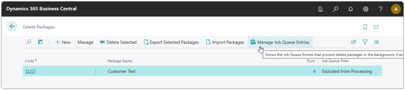 Image showing the Manage Job Queue Entries action opening the filtered Job Queue Entries list.