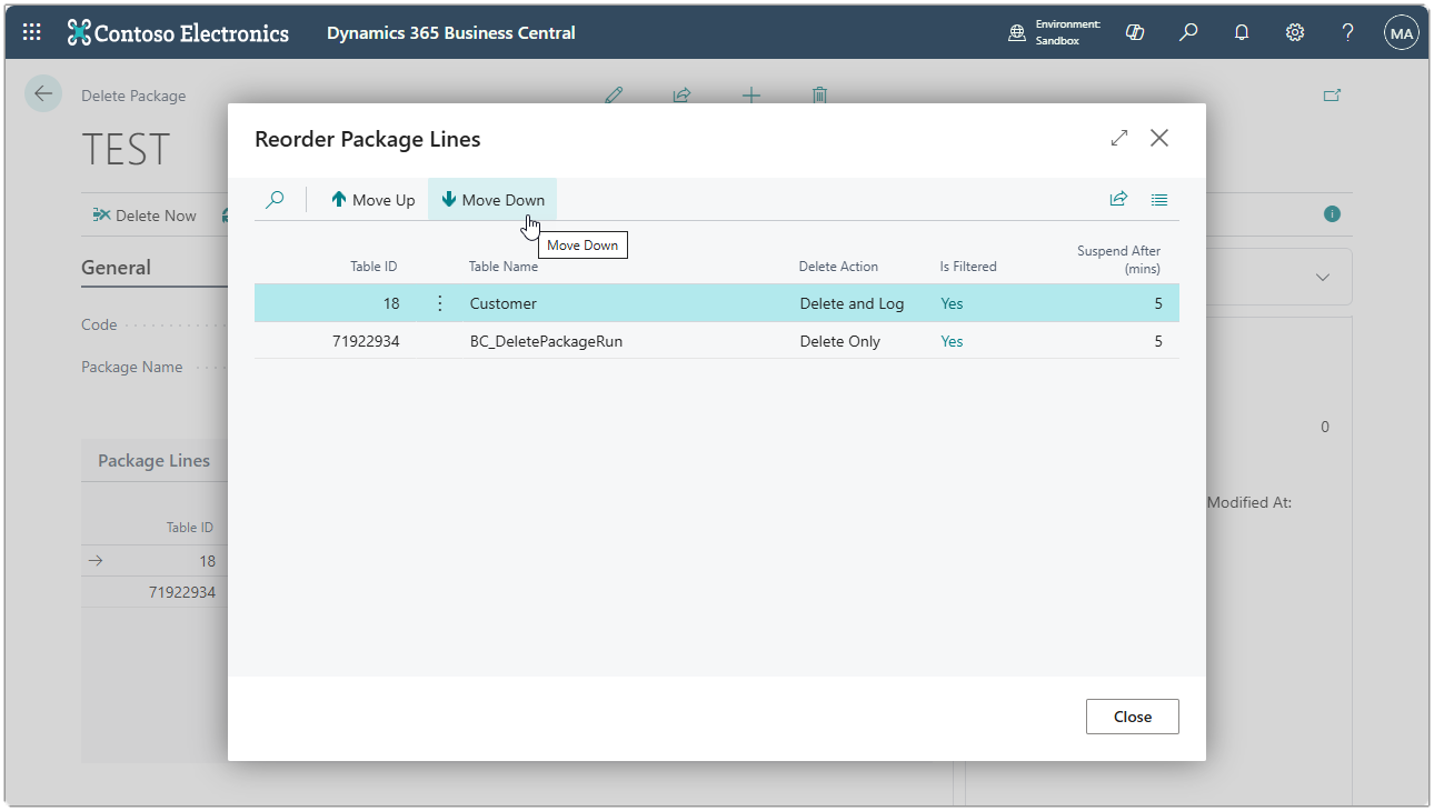 Image showing the reorder lines page with the Move Down option highlighted.