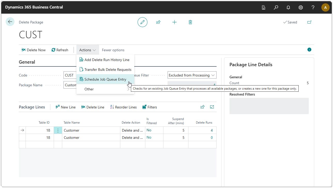 Image showing the Schedule Job Queue Entry action on the Delete Package card.
