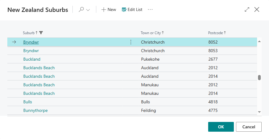 Image showing the New Zealand Suburbs page filtered for a match on "bry".