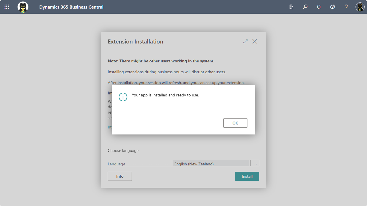 Image showing the Business Central extension app is installed message page.