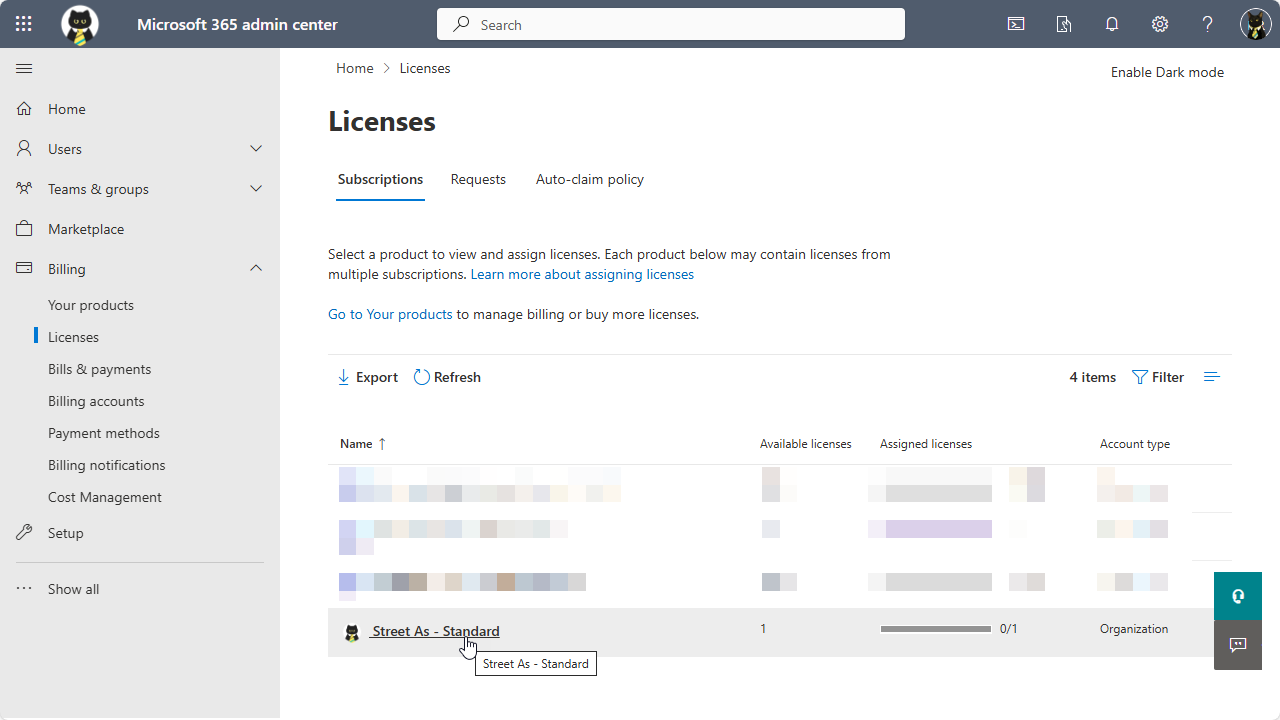 Image showing the Microsoft 365 admin center licenses page.